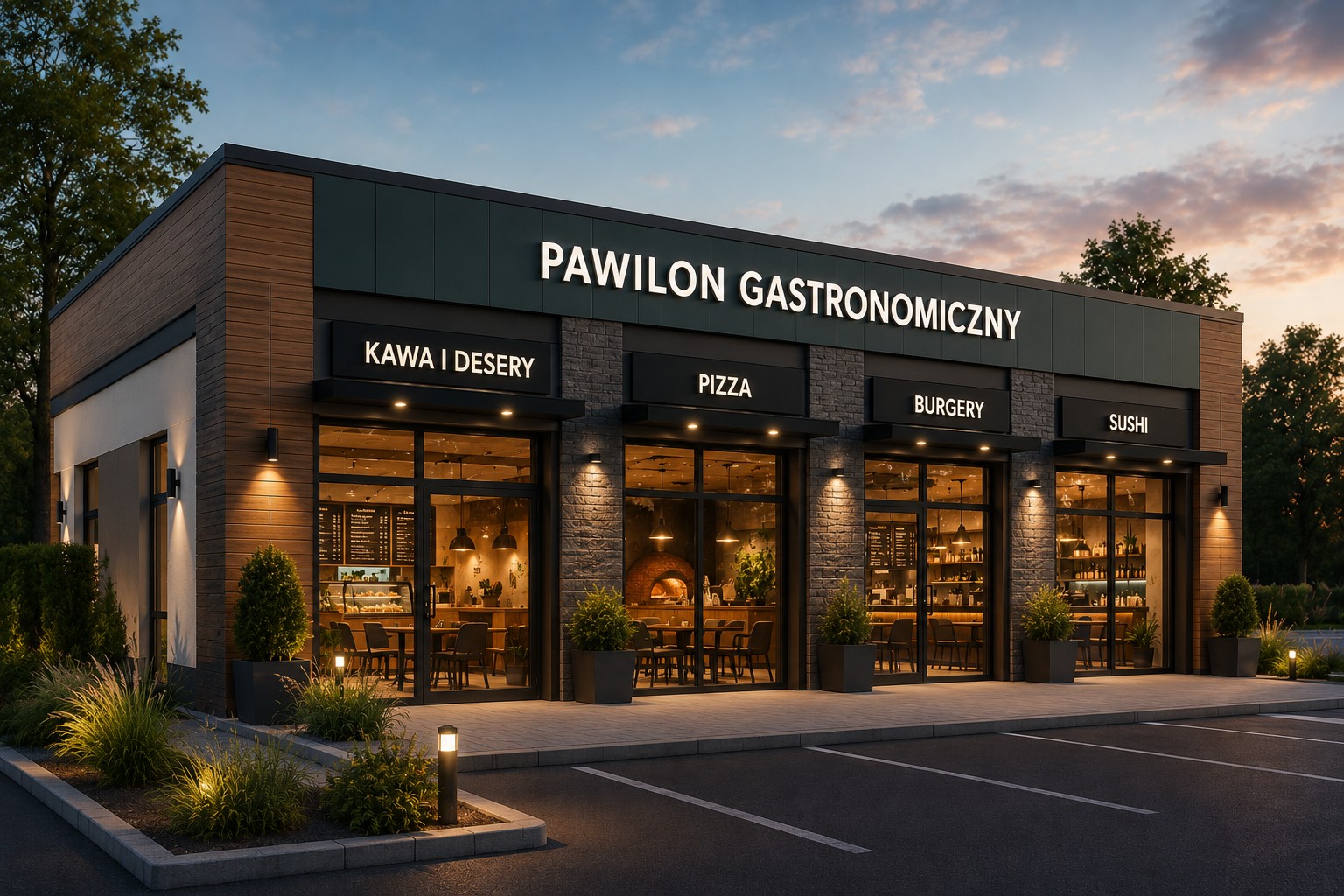 Wizualizacja nowoczesnego pawilonu gastronomicznego